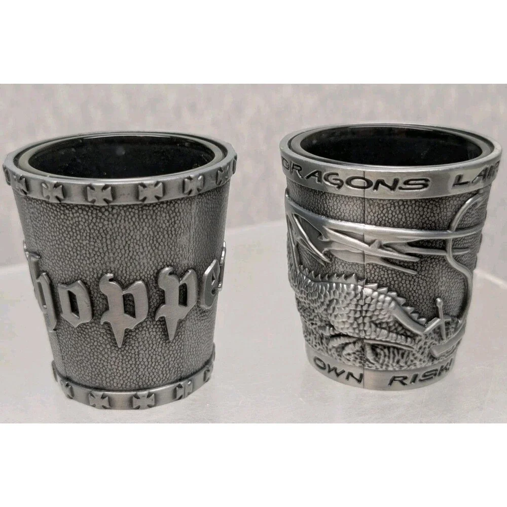 2 Metal Shot Glass Dragon SKULL REAPER Mythical